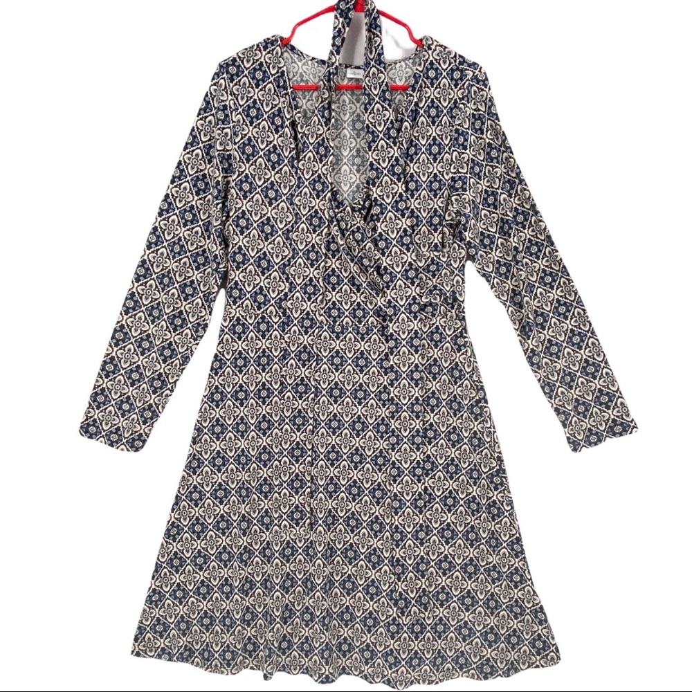 Aiken Women’s Long Sleeve V-Neck Faux Wrap Geometric Print Midi Dress Size L.
